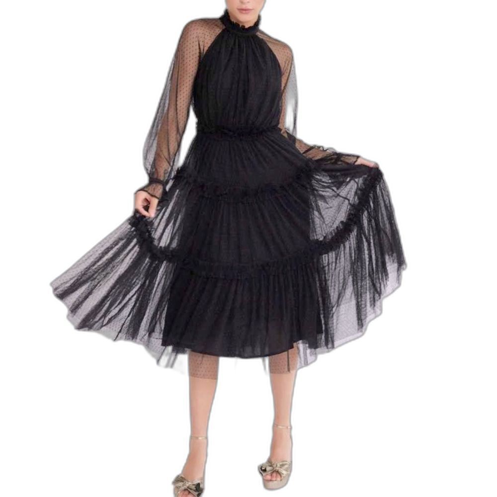 Mille Womens Black Sheer Swiss Dot High Neck Tiered LS Midi Party Dress Size XS
